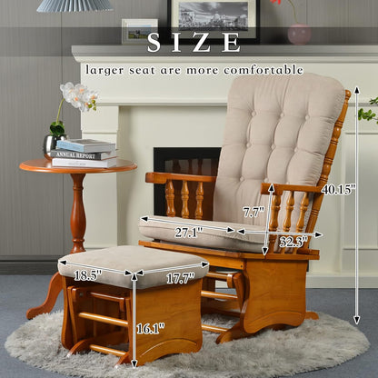 Rustic Glider Chair for Nursery with Ottoman, Resistant Rubber Wood Nursery Glider and Ottoman Sets for Relaxing, Rocking Chair for Living Room Bedroom