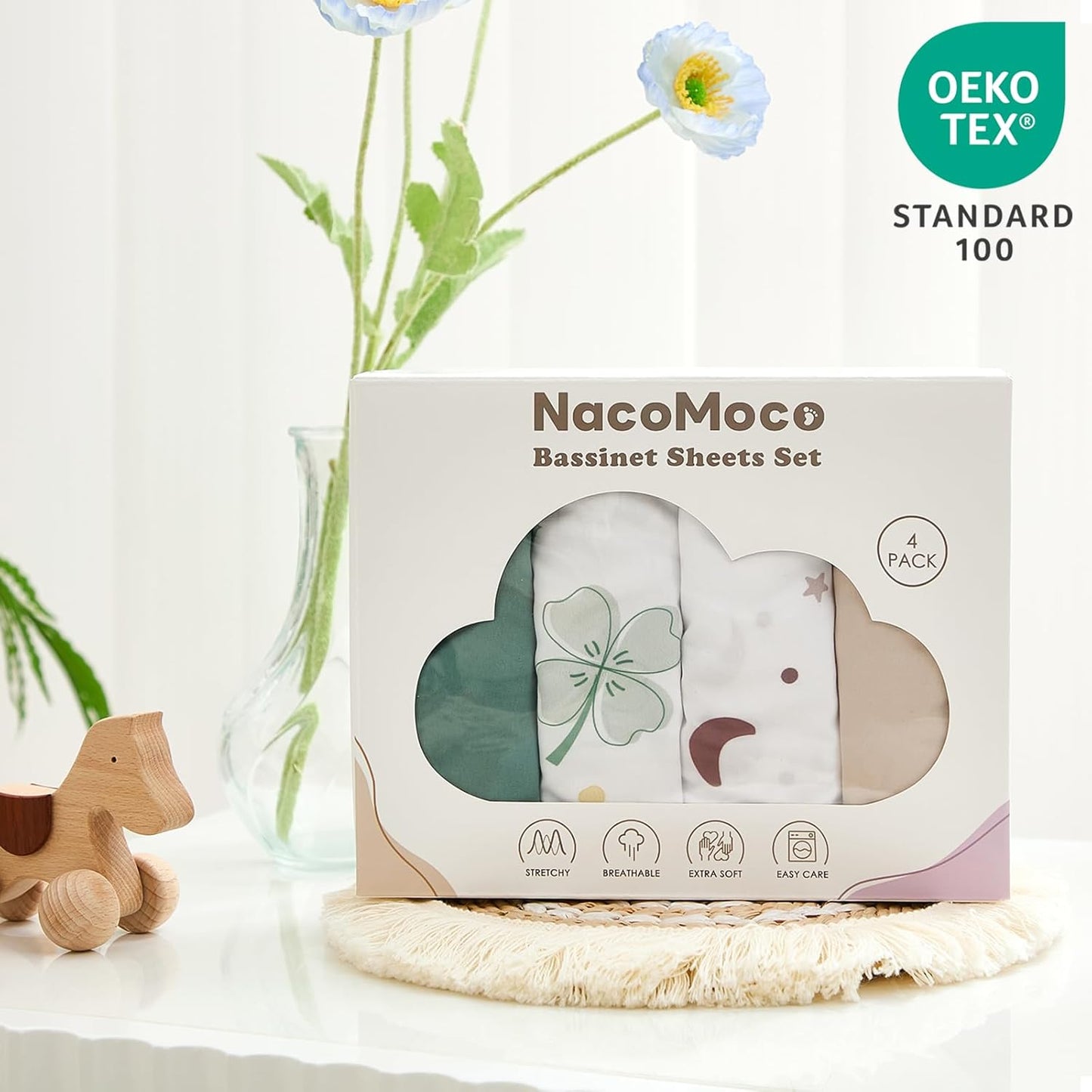 4 Pack Baby Bassinet Sheets - 35"x20" Bedside Bassinet Sheets for Newton, Ezebaby, AMKE & Other Large Bedside Sleeper | Ultra Soft & Skin Friendly Bassinet Fitted Sheets for Boys Girls