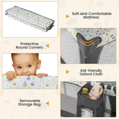 BABY JOY 3 in 1 Pack and Play, Portable Baby Playard with Bassinet, Changing Table, Lockable Wheels, Glowing Music Box, Travel Baby Crib Bassinet Bed from Newborn to Toddler