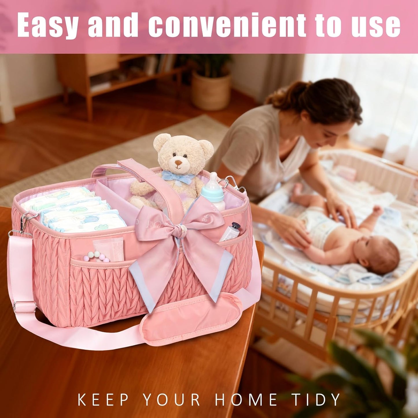 Baby Diaper Caddy Organizer - Large diaper basket with Adjustable Shoulder Strap, Portable Car Travel Tote Bag with Stroller Clips, Essential Newborn Girl Registry Gift, Pink