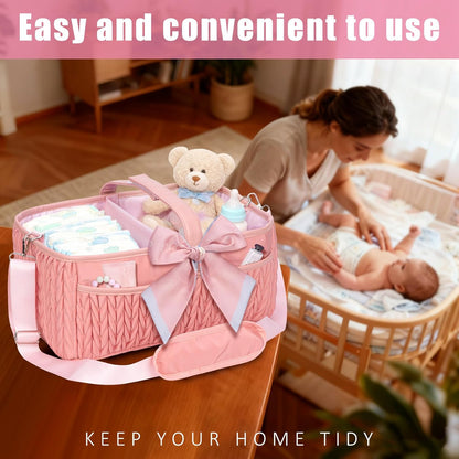Baby Diaper Caddy Organizer - Large diaper basket with Adjustable Shoulder Strap, Portable Car Travel Tote Bag with Stroller Clips, Essential Newborn Girl Registry Gift, Pink