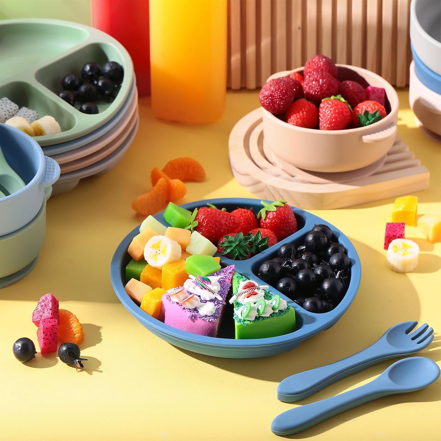 Dandat 24 Pcs Silicone Baby Feeding Set,6 Baby Toddler Suction Bowls 6 Divided Suction Plates with 6 Forks 6 Spoons, Utensils Set for Weaning Infant Feeding and Eating, 6 Styles (Elegant Color)