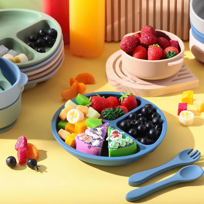 Dandat 24 Pcs Silicone Baby Feeding Set,6 Baby Toddler Suction Bowls 6 Divided Suction Plates with 6 Forks 6 Spoons, Utensils Set for Weaning Infant Feeding and Eating, 6 Styles (Elegant Color)