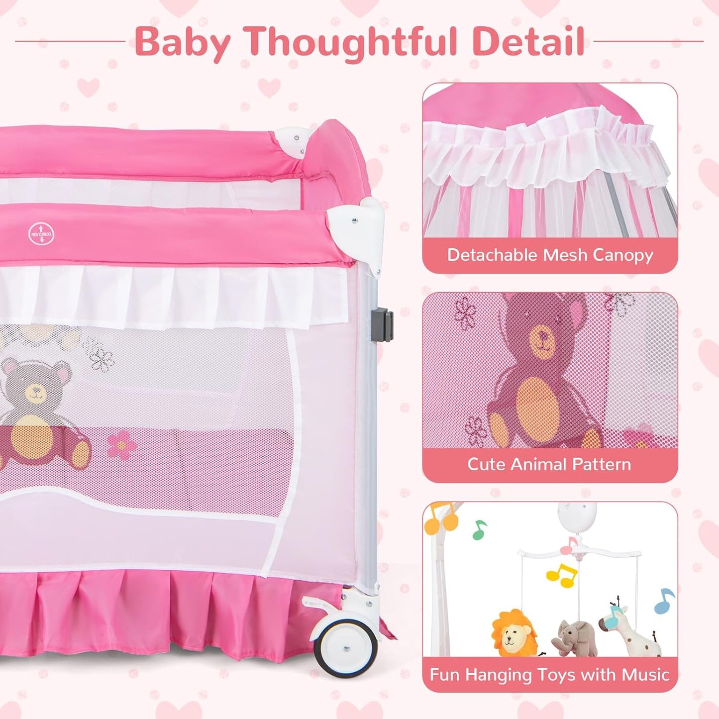 HONEY JOY 4-in-1 Pack and Play with Canopy, Portable Baby Playard w/Changing Table and Infant Bassinet, Cute Toys & Music, Foldable Bassinet for Newborn and Toddler (Hot Pink)
