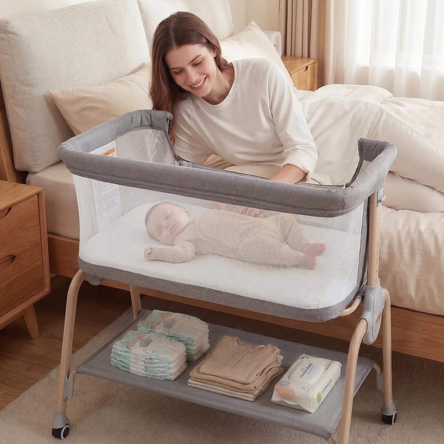 Cowiewie Bassinet Bedside Sleeper, Breathable Baby Bedside Bassinet and Mattress, Lightweight and Portable for Bedside Sleeping, Light Grey