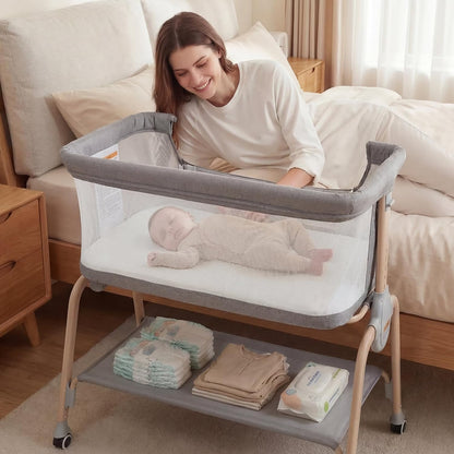 Cowiewie Bassinet Bedside Sleeper, Breathable Baby Bedside Bassinet and Mattress, Lightweight and Portable for Bedside Sleeping, Light Grey
