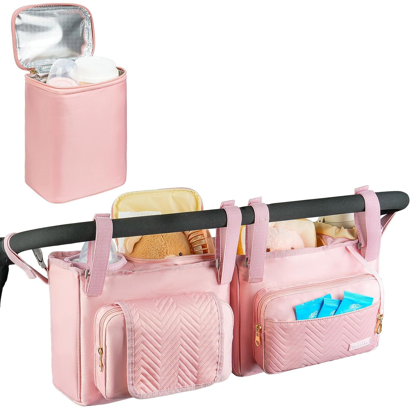 Universal Stroller Organizer with Insulated Cup Holders,Large Capacity Non-Slip Stroller Caddy Bag Fits for Uppababy/Doona/Jogger/Britax/Mompush/BoB with Anti-Sag Hard Bottom and Wet Wipes Pocket