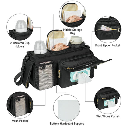 Universal Stroller Organizer with Insulated Cup Holders,Large Capacity Non-Slip Stroller Caddy Bag Fits for Uppababy/Doona/Jogger/Britax/Mompush/BoB with Anti-Sag Hard Bottom and Wet Wipes Pocket
