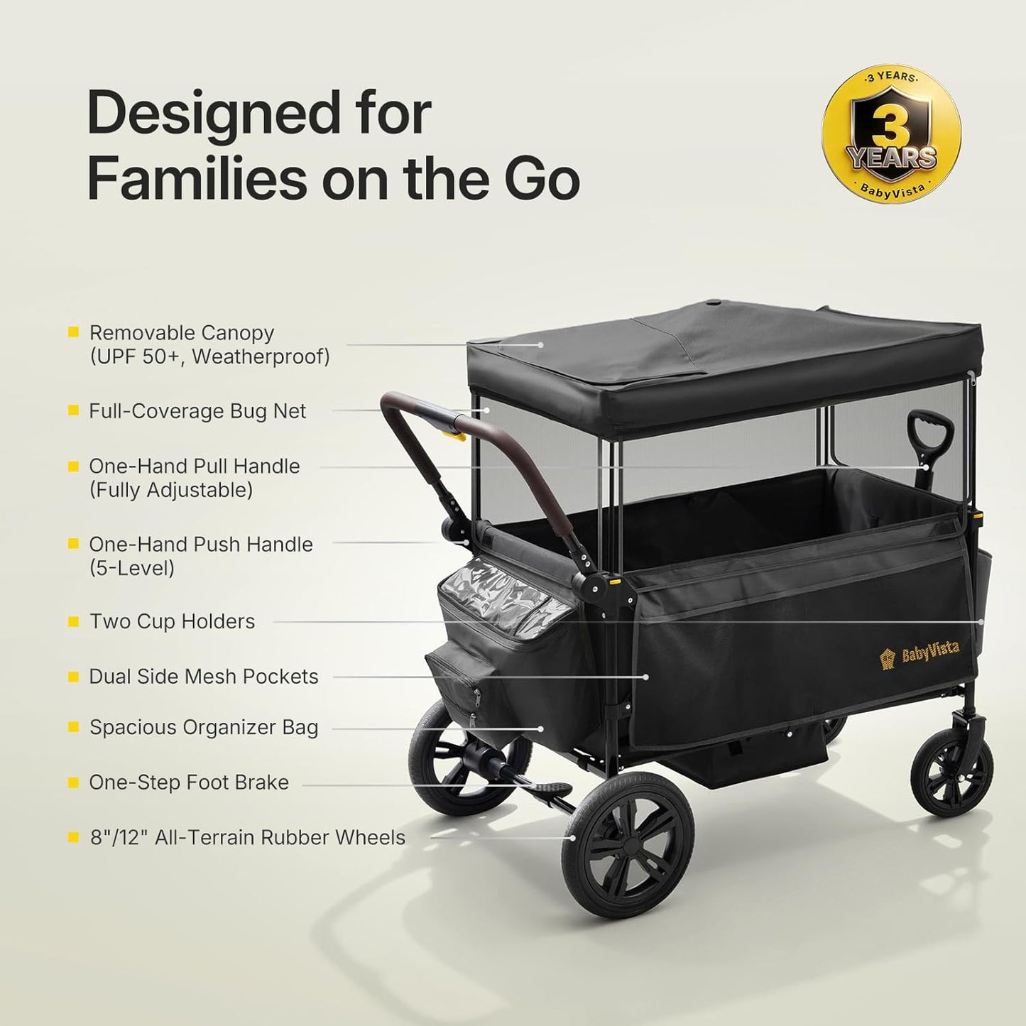 Stroller Wagon for Kids, One-Hand Adjustable Push/Pull Handle, Spacious Storage, 8"/12" All-Terrain Wheels, Canopy with Bug Net, Wagon Stroller for Daily Walks, Short Trips & Grocery Runs