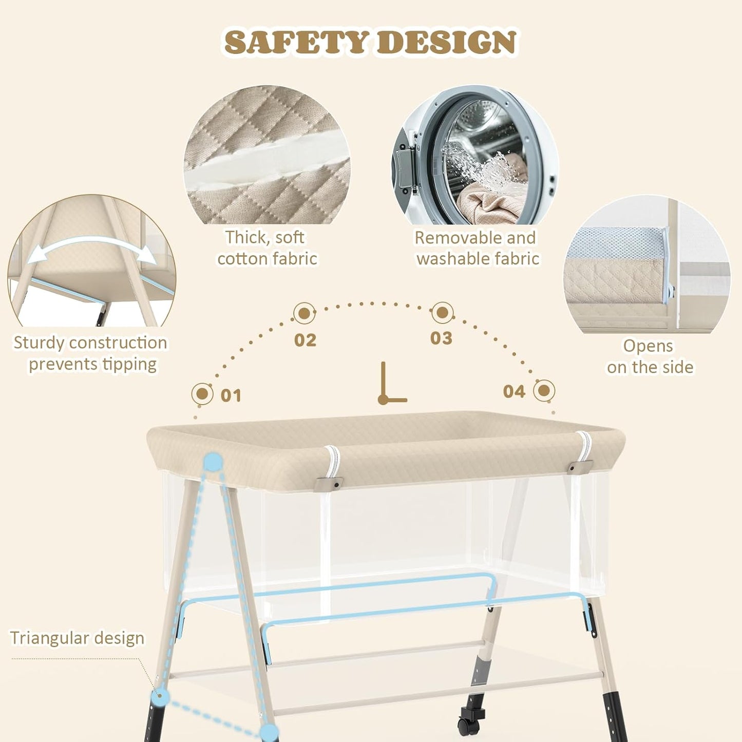 Baby Bassinet, 3-in-1 Baby Bassinets Bedside Sleeper for Newborn with Breathable Mesh, Portable Baby Crib with 4- Adjustable Height, Mattress, Storage Basket & Lockable Wheels, CPSC Beige