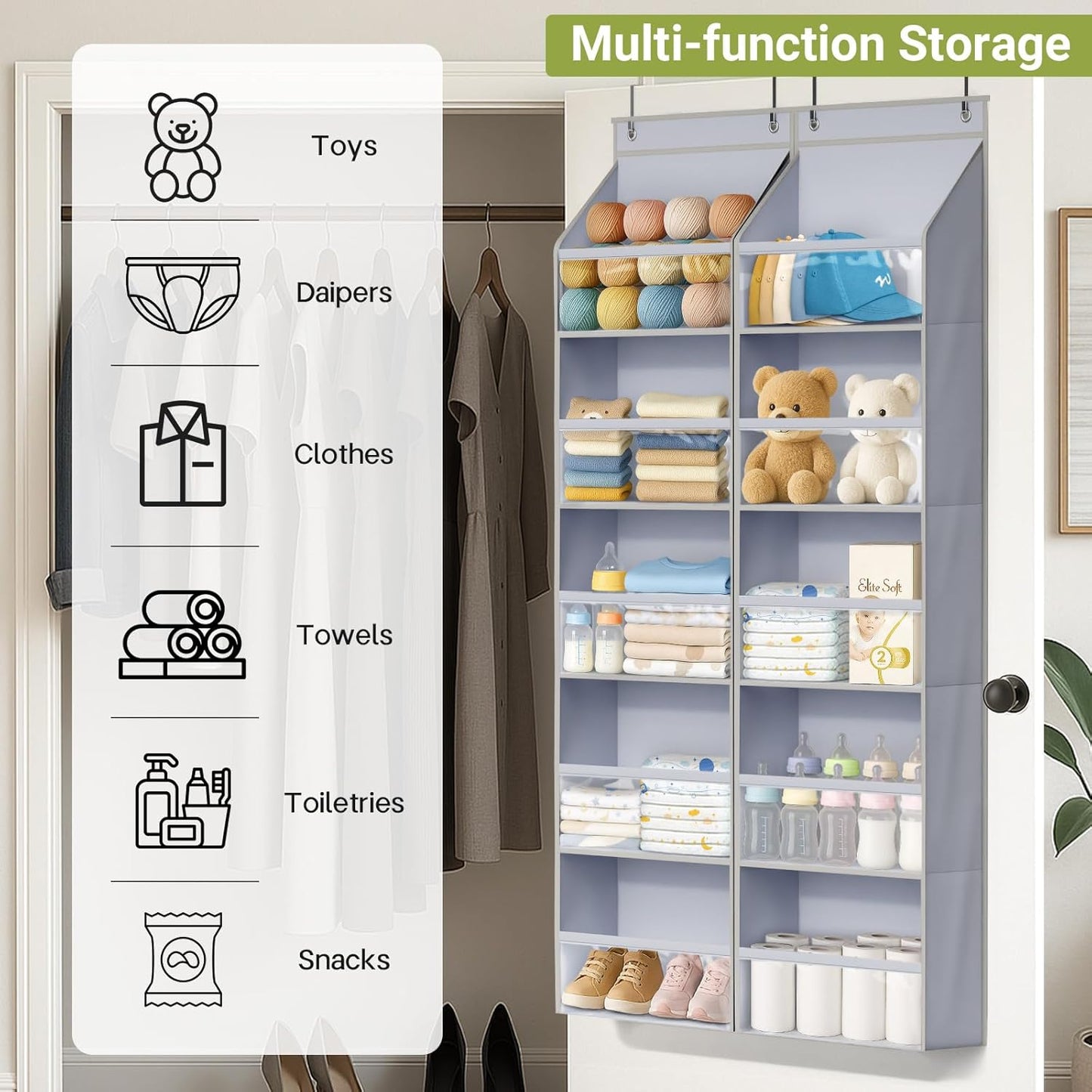 AOODA 2 Pack Over the Door Organizer, Large Capacity Closet Door Hanging Organizer, Clear Deep Pockets Baby Storage for Nursery, Bathroom, Bedroom, Pantry, Diapers (Light Yellow)