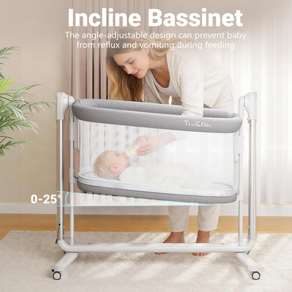 Electric Baby Bassinet, 7 Height Adjustable Rocking Bassinet for Baby, Auto Infant Sleeper with Timer, 12 Lullabies, Wheels, Smart Rocking Crib for Newborns, Beige