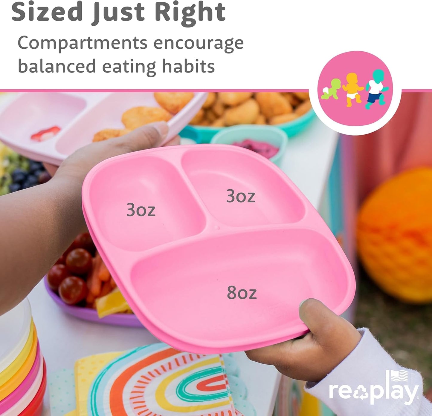 Re-Play Toddler Plates with Dividers - Deep-Walled 3 Compartments Divided Plates for Kids - Dishwasher & Microwave Safe - Made in USA - Set of 3-7.37" x 7.37" x 1.25" - Beach Baby