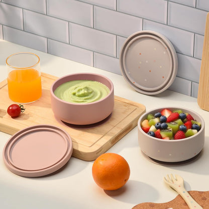 2-Pack Baby Bowls with Suction - Silicone Bowl with Lid, Non-Slip Suction Bowls for Baby, Feeding Bowl for Baby Led Weaning - Dishwasher Safe, Toddler Bowls for High Chair & Travel (Pink+Grey)