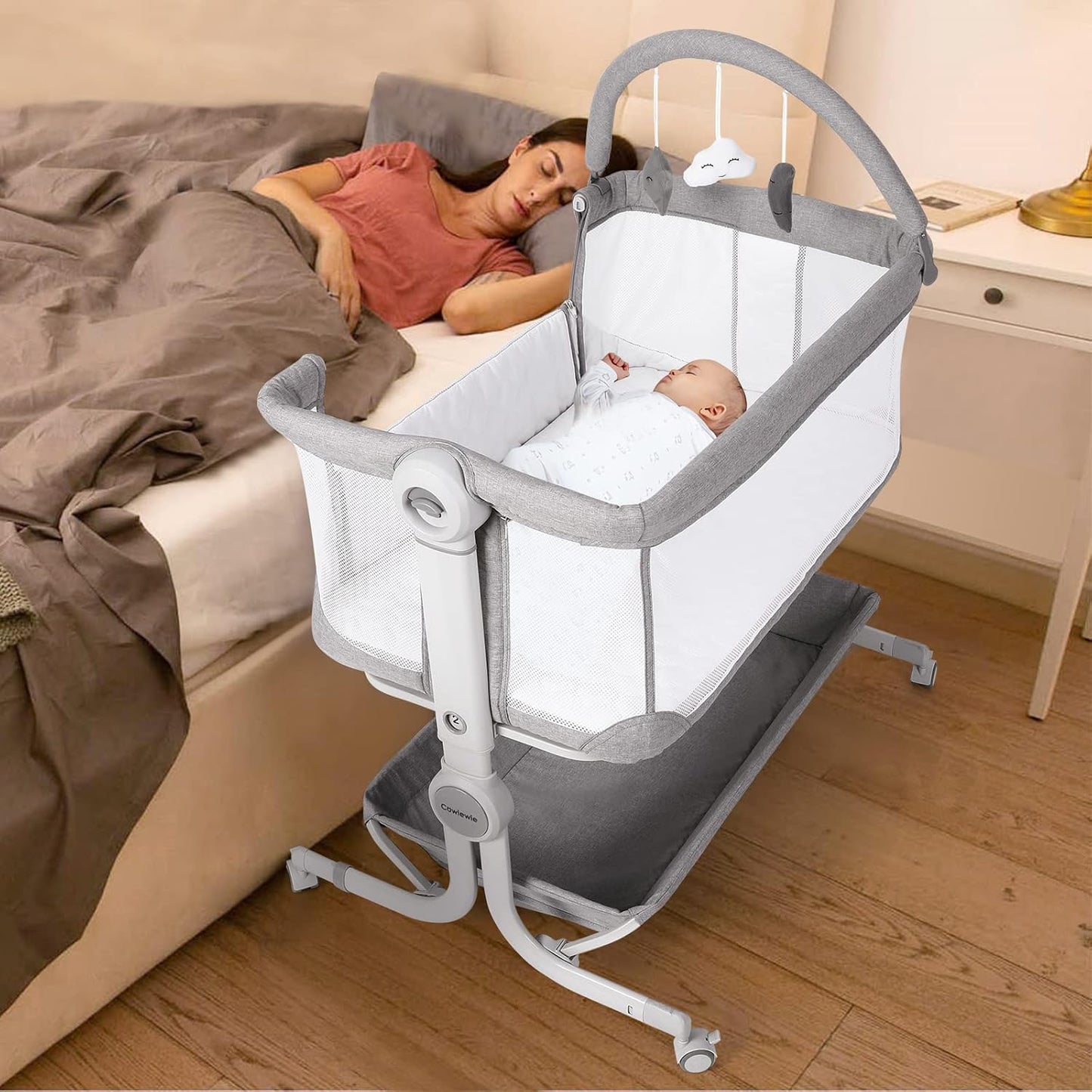 Cowiewie Baby Bassinet 4-Sided Mesh Bedside Sleeper with Wheels for Infant/Newborn Foldable Adjustable Height Portable Bedside Crib(Grey) | Breathable Mesh