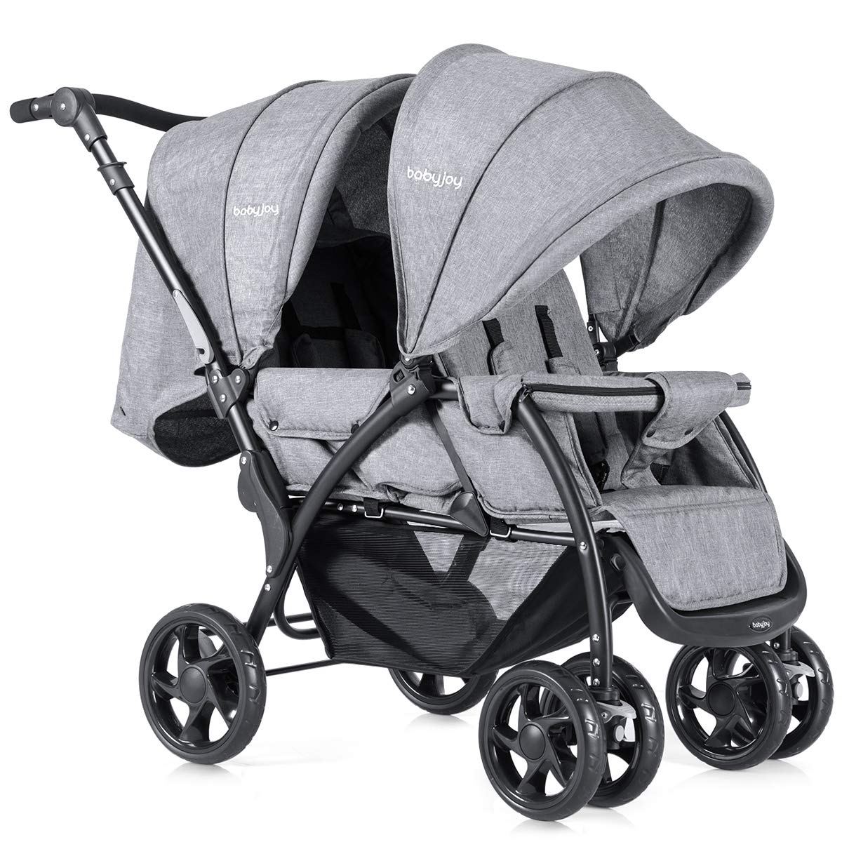 BABY JOY Double Stroller, Foldable Lightweight Twin Stroller with Tandem Seating, Adjustable Backrest/Canopy/Footrest, 5-Point Harness, Storage Basket, Newborn and Toddler (Black)