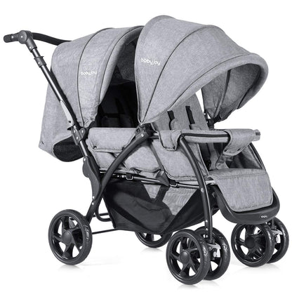 BABY JOY Double Stroller, Foldable Lightweight Twin Stroller with Tandem Seating, Adjustable Backrest/Canopy/Footrest, 5-Point Harness, Storage Basket, Newborn and Toddler (Black)