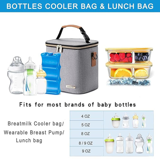Breastmilk Cooler Bag with Ice Pack Fits 6 Baby Bottles Up to 9 Ounce, Baby Bottle Bag with Shoulder Strap for Nursing Mom Daycare, Grey