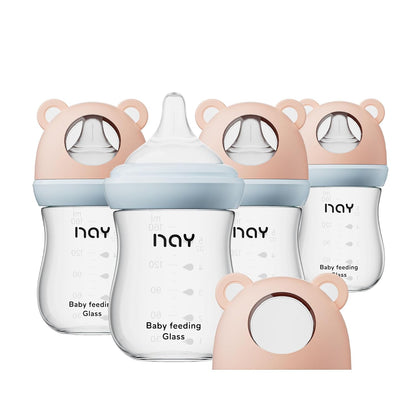 yanyoyo Natural Glass Baby Bottle for Breastfeeding Babies, 5.4oz Anti-Colic Baby Bottle with Natural Response Nipple(S), Clear, Wide Neck, 2 Pack, 1 Months+