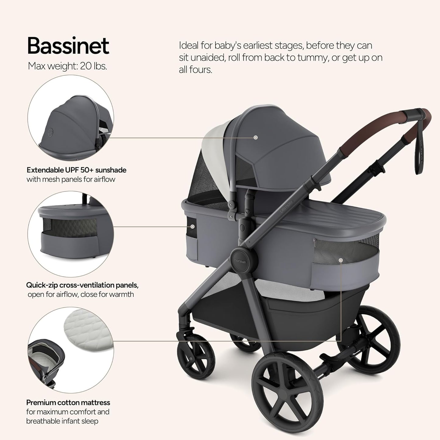 Mompush Ultimate2 Baby Stroller, Premium Convertible Full-Size Stroller for Toddler, Reversible Seat with One Hand Recline Adjustment, Car Seat Adapter Included