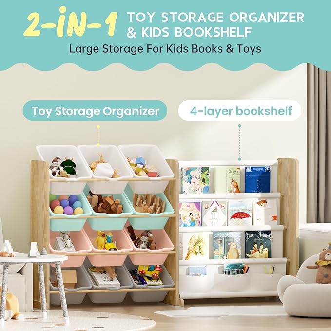 EXPERLAM Kids Toy Storage Organizer with Bookshelf - 12 Multi-Color Bins and 4 Book Shelves, Organizers and Storage for Playroom, Nursery, Room, Burlywood
