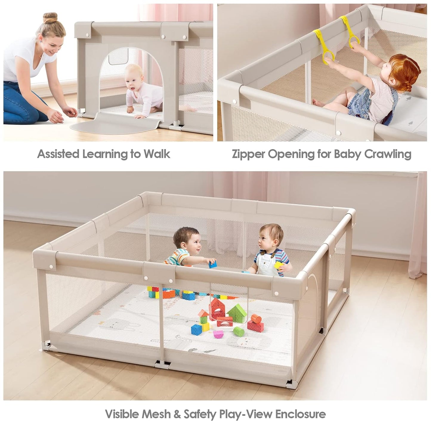 ZEEBABA Baby Playpen with Mat, Playpen for Babies and Toddlers, Small Baby Play Pens, Play Yard for Infants with Play Mat, 47x47inch Playard with Gate