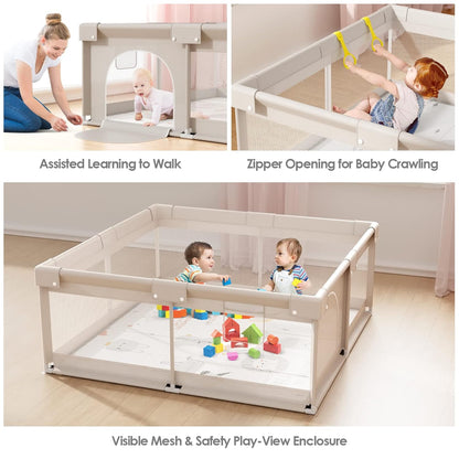 ZEEBABA Baby Playpen with Mat, Playpen for Babies and Toddlers, Small Baby Play Pens, Play Yard for Infants with Play Mat, 47x47inch Playard with Gate