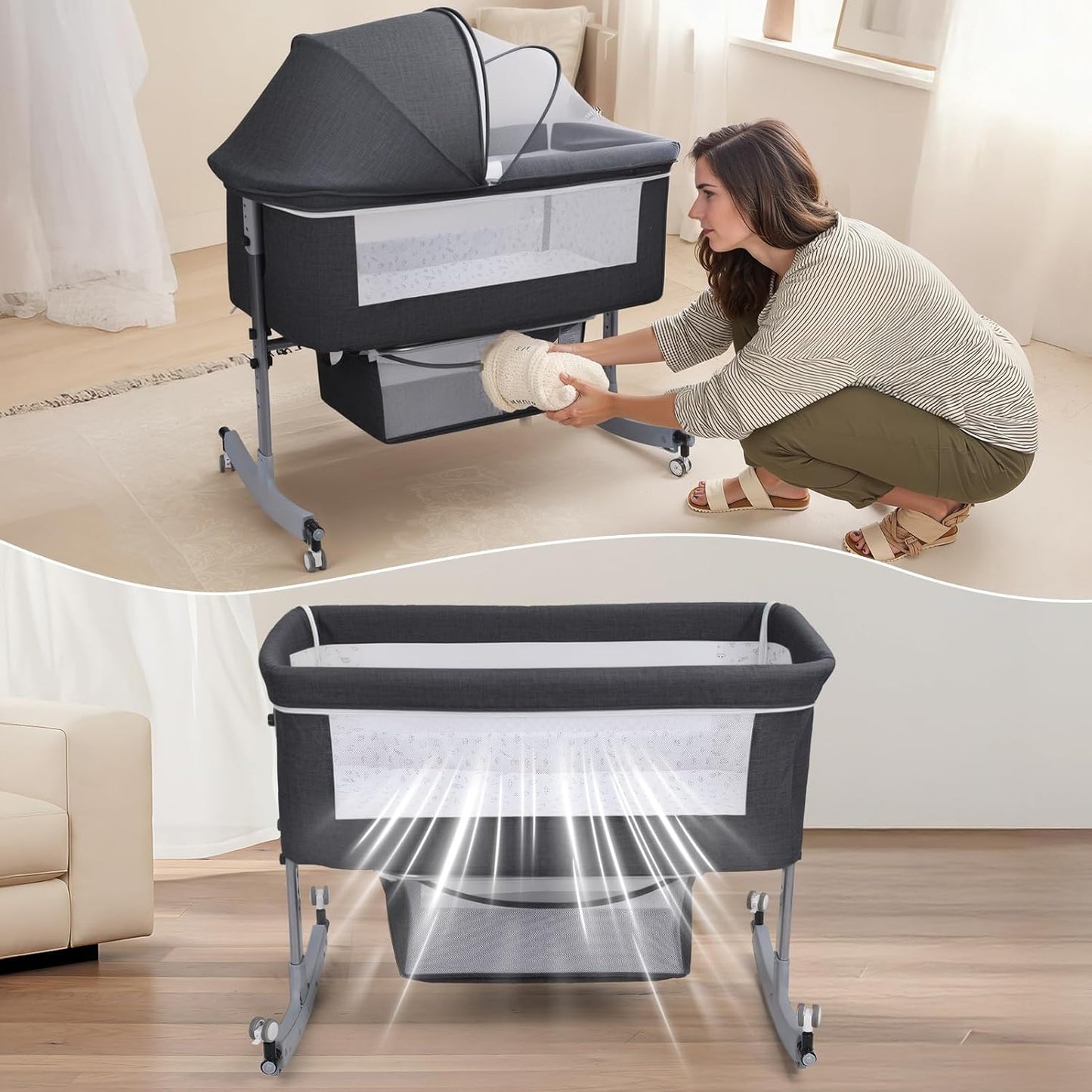 Bedside Bassinet Baby Crib, 3-in-1 Bedside Crib with Storage Basket, 6 Levels Height Adjustable Baby Bassinet with Mosquito Net and Wheels, Portable Newborn Infant Cradle Black