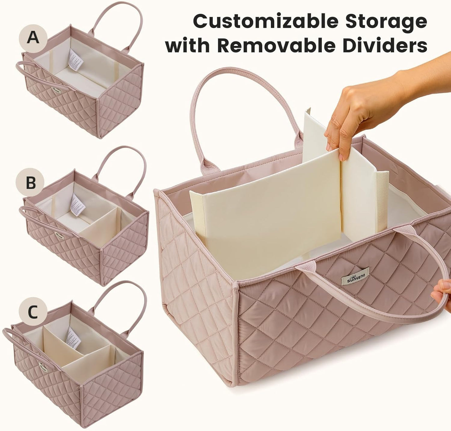 SUNVENO Quilted Diaper Caddy Organizer, Soft Padded Baby Diaper Caddy with Removable Dividers, Large Nursery Storage Basket for Diapers, Wipes and Baby Essentials, Portable Nursery Organizer, Brown