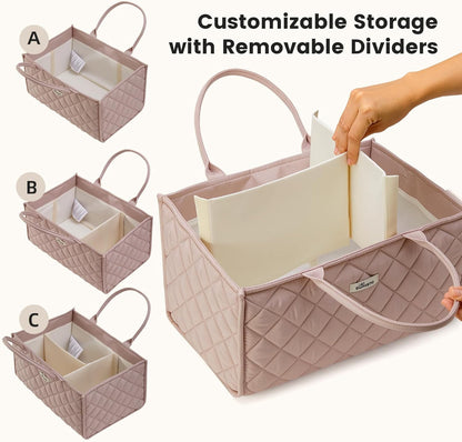 SUNVENO Quilted Diaper Caddy Organizer, Soft Padded Baby Diaper Caddy with Removable Dividers, Large Nursery Storage Basket for Diapers, Wipes and Baby Essentials, Portable Nursery Organizer, Brown