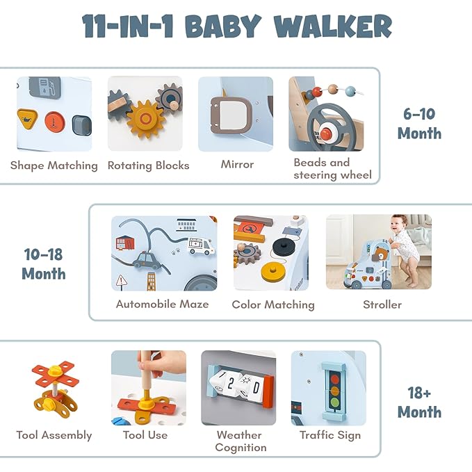 Giant bean 11-in-1 Wooden Baby Push Walker with Activity Center – Car Traffic Theme Shape Sorter Tool Bench, Steering Wheel Gears, Montessori Toy Gift for Toddler 1-3, Walking Toy Speed Adjustable