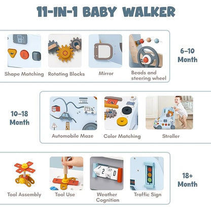 Giant bean 11-in-1 Wooden Baby Push Walker with Activity Center – Car Traffic Theme Shape Sorter Tool Bench, Steering Wheel Gears, Montessori Toy Gift for Toddler 1-3, Walking Toy Speed Adjustable