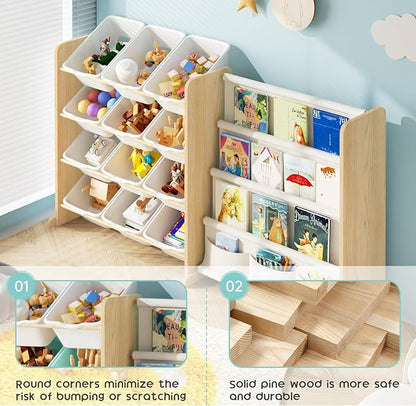 EXPERLAM Kids Toy Storage Organizer - Toy Organizer with Bookshelf, Toy Storage with 12 Toy White Bins and 4 Book Shelves, Toy Organizers and Storage for Playroom, Nursery, Kids Room, Burlywood