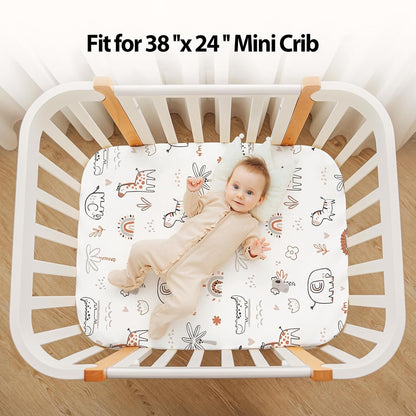 Baby Mini Crib Sheets Girl, Portable 38”x26” Pack and Play Sheets Fitted for Playard and Pack N Play Mattress, 3-Pack Soft Microfiber Pink Rainbow