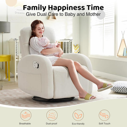 Swivel Rocker Recliner Chair, Rocking Recliner for Nursery with Side Pockets, Manual Swivel Reclining Nursery Glider Chair for Breastfeeding Living Room, Camel Chenille