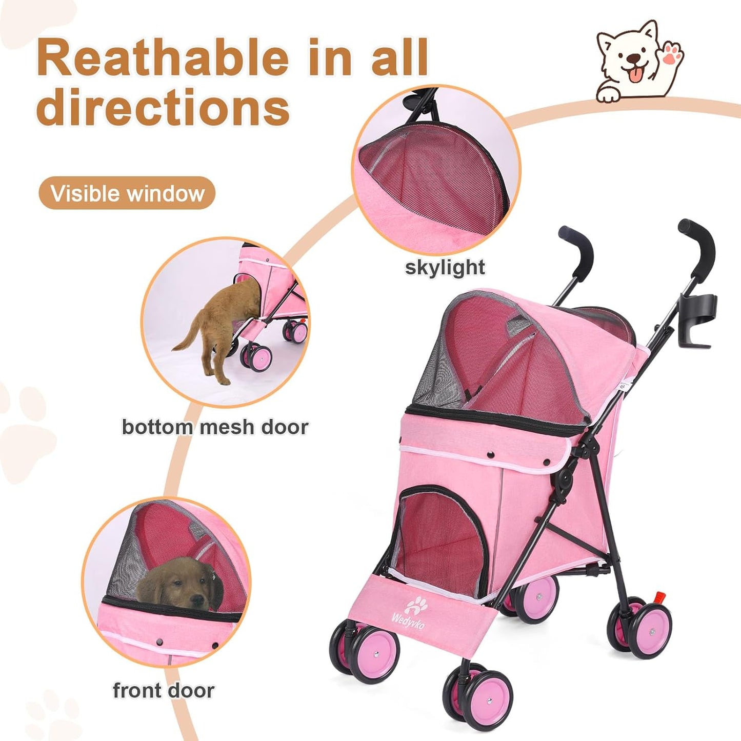 Wedyvko Travel Portable Dog Stroller, Pet Stroller for Small Puppy Dogs & Cats, Up to 33 lbs, Black