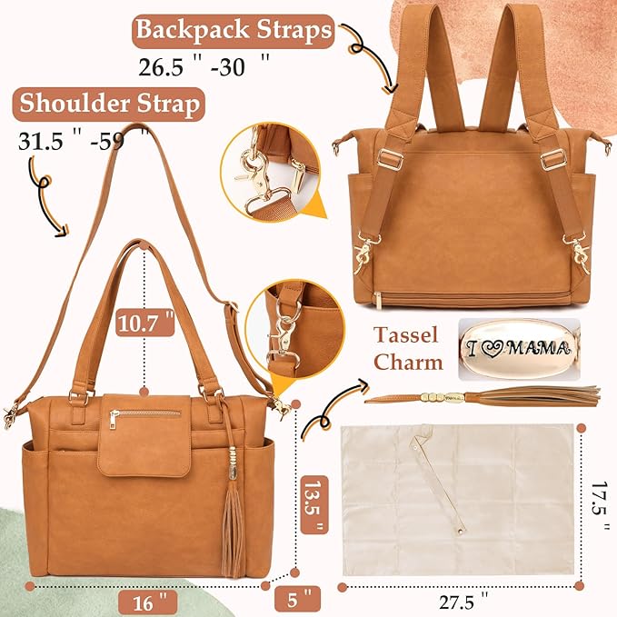 Omanmoli Diaper Bag Tote Leather Diaper Backpack Large Baby Bag 14 Diaper Bag Organizing Pouches,Changing Pad,Crossbody Strap,4 Insulated Pockets,Honey