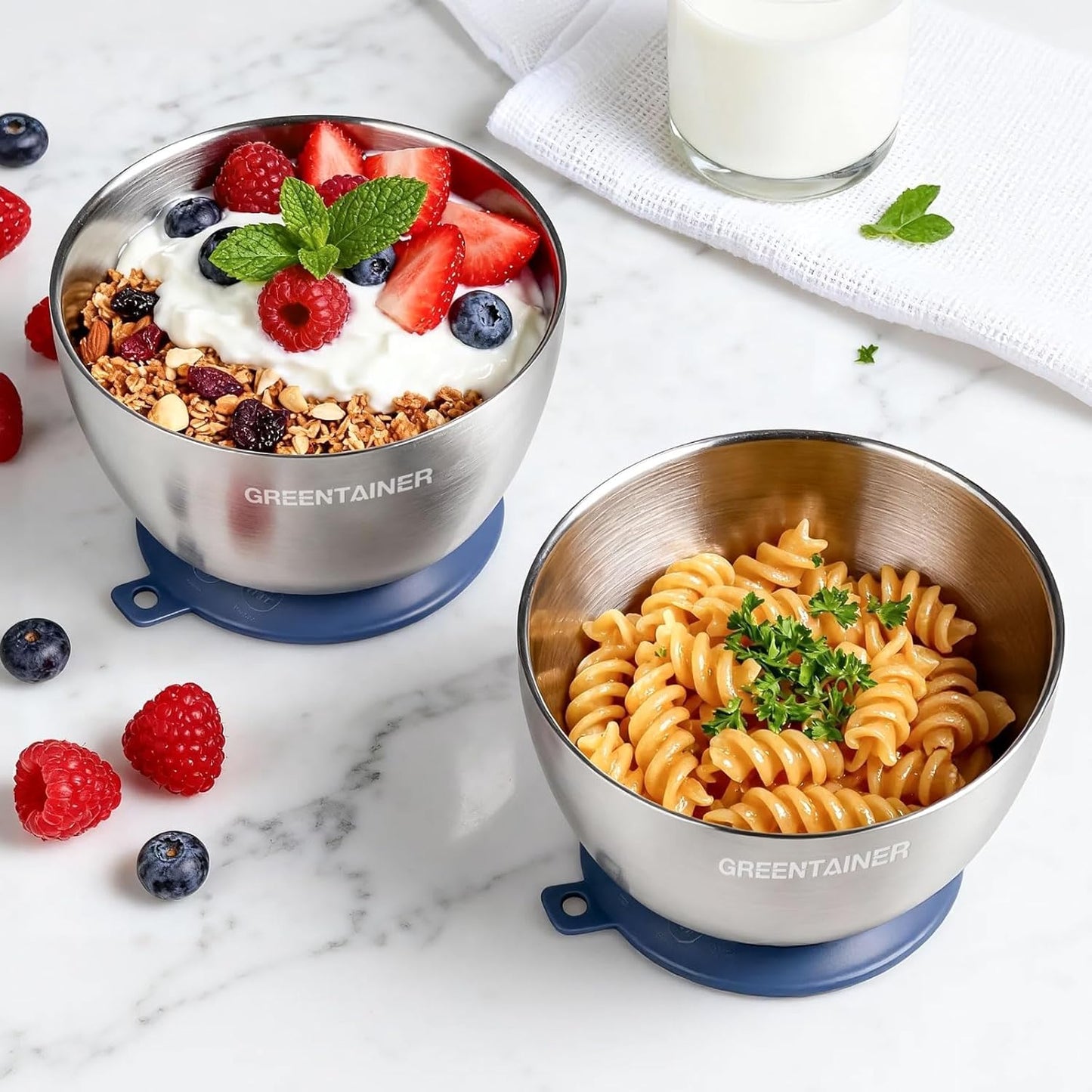 Greentainer Stainless Steel Baby Bowl Set of 3, Double Wall Insulated, Unbreakable Toddler Bowls with Removable Silicone Suction Base, Non-Slip, Dishwasher Safe, BPA-Free for Infants 6+ Months (Green)