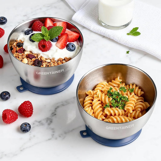 Greentainer Stainless Steel Baby Bowl Set of 3, Double Wall Insulated, Unbreakable Toddler Bowls with Removable Silicone Suction Base, Non-Slip, Dishwasher Safe, BPA-Free for Infants 6+ Months (Green)