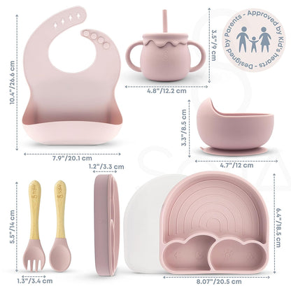 BPA-Free Non-Toxic Silicone Baby Feeding Set – Suction Plate, Bowl, Bib & Cup – 11-Piece Baby Led Weaning Set for Ages 6-18 Months – Eco Gift Bag (Dusty Blue)