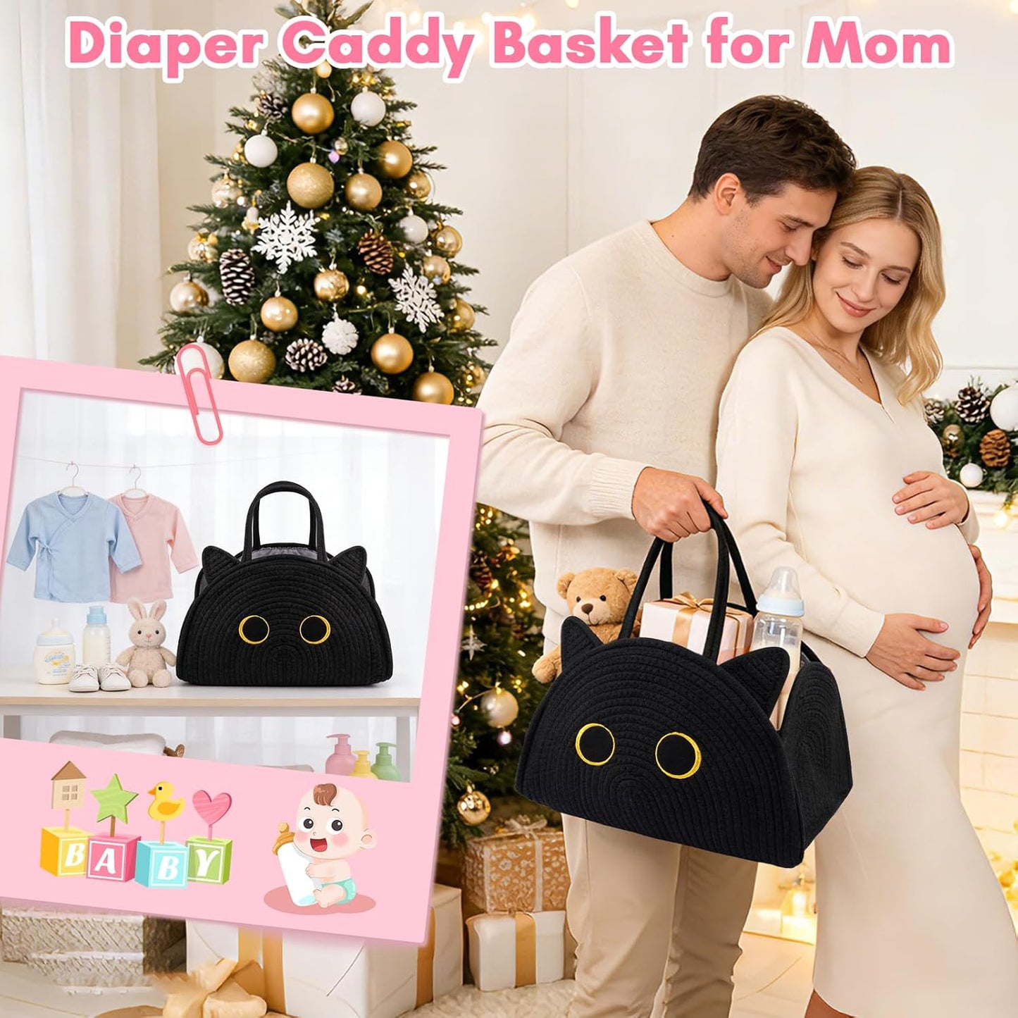 Highland Cute Cow Baby Diaper Caddy Organizer, Woven Cotton Rope Basket for Nursery, Portable Diaper Caddy Empty Gift Basket, Baby Wipes Shower Towels Storage Bins for Newborn Essentials