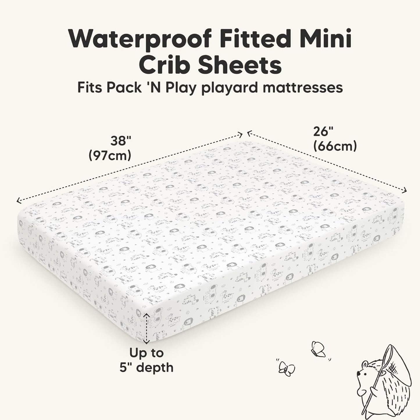 2-Pack Waterproof Pack and Play Sheets, Mini Crib Sheets Fitted for Boy, Girl - 38 x 26 Viscose from Bamboo Pack N Play Mattress Sheets for Graco, Toddler Playard Baby Crib Sheets Neutral (Blue Flax) - Colors B