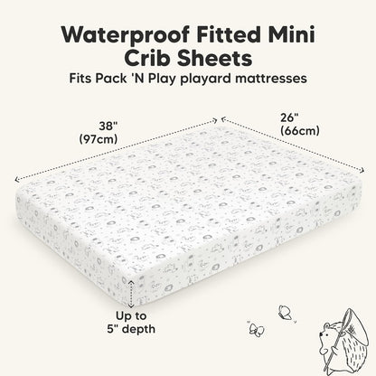 2-Pack Waterproof Pack and Play Sheets, Mini Crib Sheets Fitted for Boy, Girl - 38 x 26 Viscose from Bamboo Pack N Play Mattress Sheets for Graco, Toddler Playard Baby Crib Sheets Neutral (Blue Flax) - Colors B