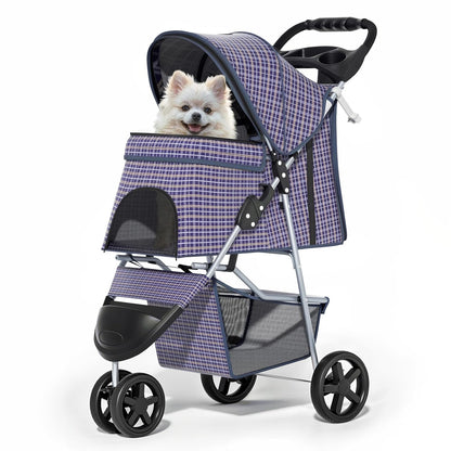 MoNiBloom Foldable Pet Stroller with Weather Cover, 3 Wheels Pet Strolling Cart for Small/Medium Dogs and Cats with Storage Basket and Cup Holder, Breathable and Visible Mesh for All-Season, Black
