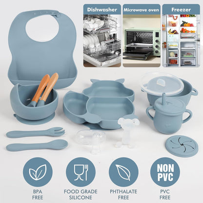Silicone Baby Feeding Set 15 Pcs，Baby Spoons Suction Bowl Divided Plate Bib Cup Finger Brush Training cups,Baby Led Weaning Supplies,Baby Plates，Toddler Feeding Plates and Bowls Set（purple）