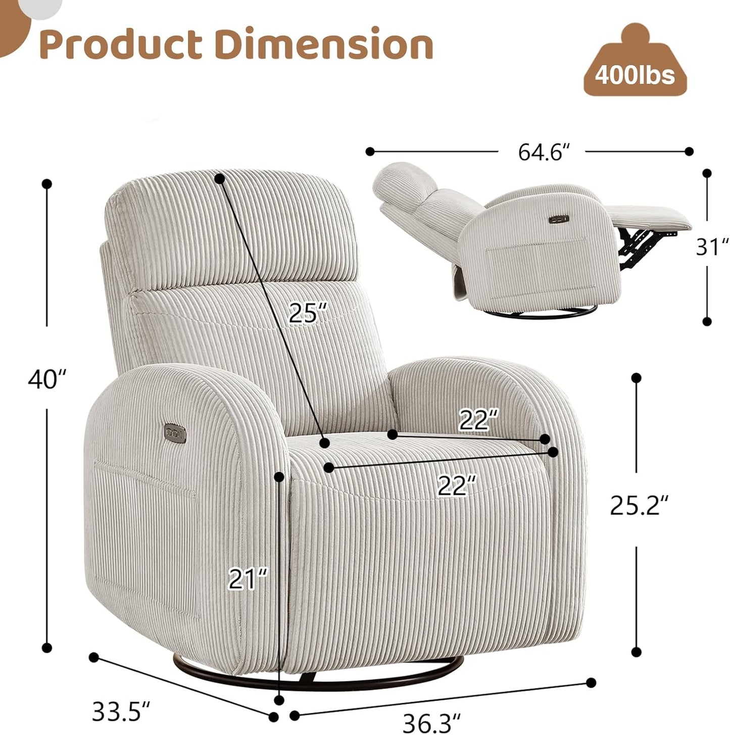 Nursery Glider Recliner, Power Swivel Rocking Recliner with USB & Type-C Port, Swivel Nursering Reclining Rocker with Double Pockets for Living Room, Camel Chenille