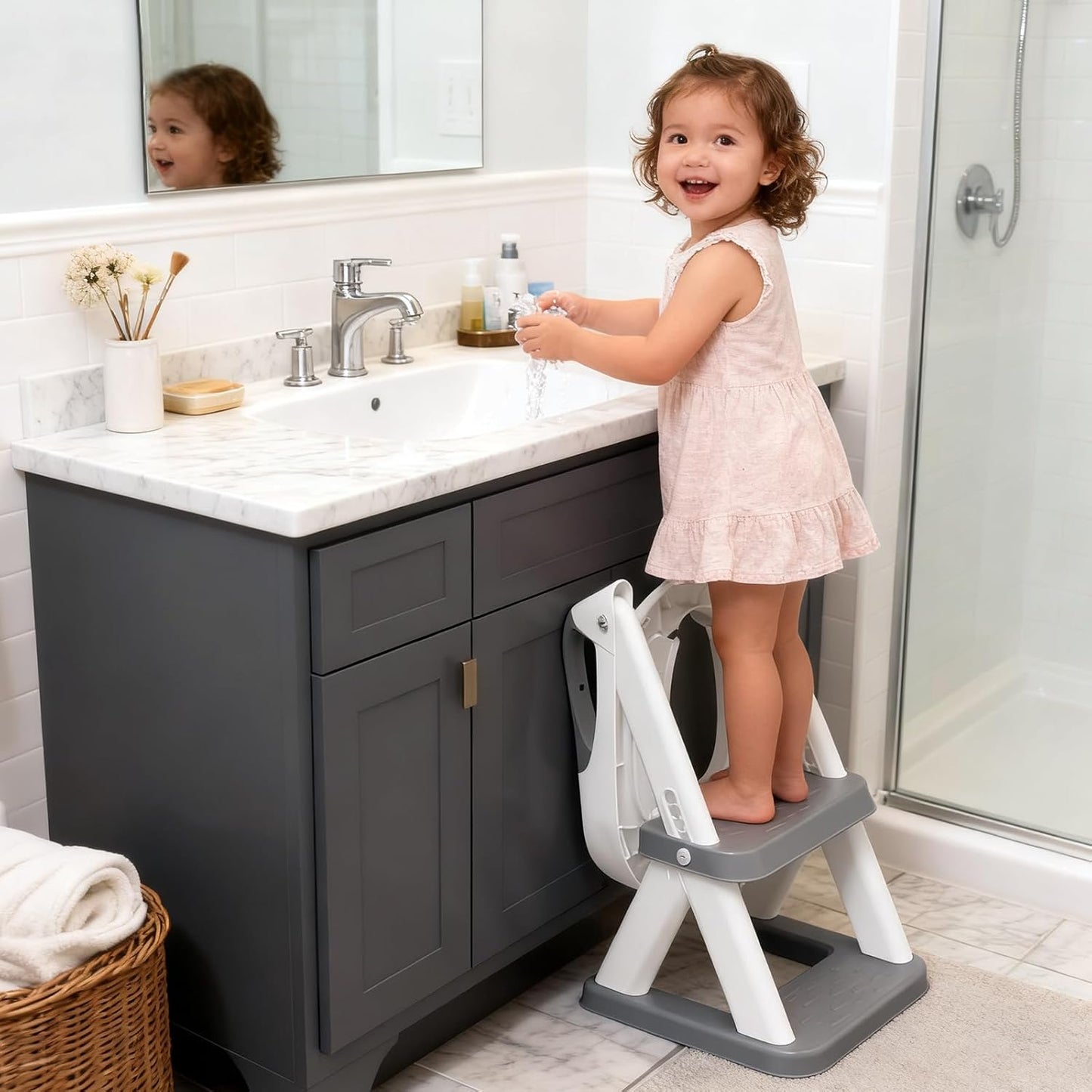 Potty Training Seat, SKYROKU Upgrade Toddler Toilet Seat for Kids Boys Girls, 2 in 1 Potty Training Toilet, Splash Guard Anti-Slip Pad Step Stool,New Sector-Shape Stabilized Base (8899+Grey)