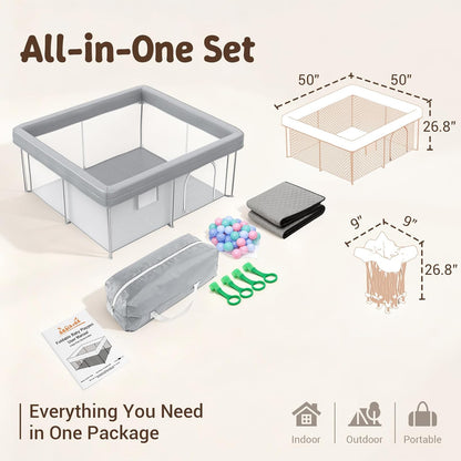 Foldable Baby Playpen, 50"×50" Collapsible Play Yard for Babies and Toddlers, No Assembly Required, Kids Safety Play Area with 4 Handles, 50 Balls and Visible Mesh, Black