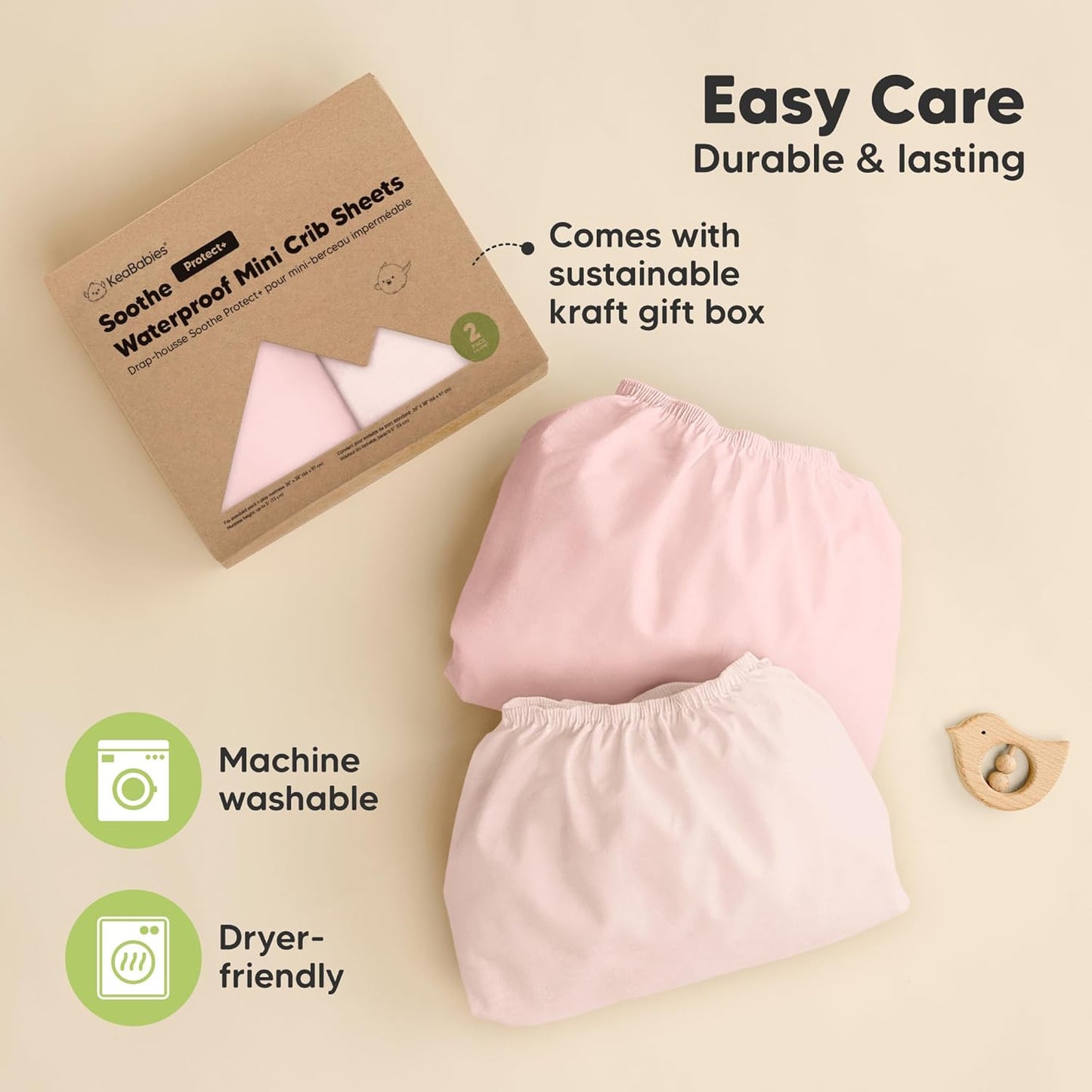 2 Pack and Play Sheets, Waterproof Mini Crib Sheets Fitted - 38x26 Organic Cotton Pack N Play Sheets for Graco Pack and Play Mattress, Playard Baby Crib Sheets,Neutral for Boy,Girl,Toddler(KeaSafari)