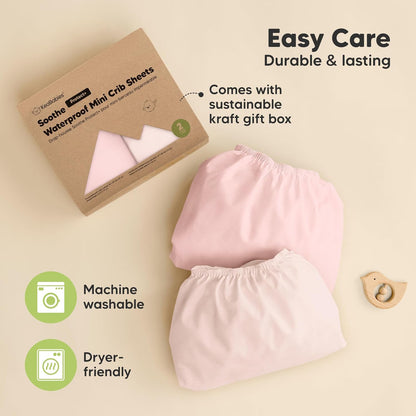 2 Pack and Play Sheets, Waterproof Mini Crib Sheets Fitted - 38x26 Organic Cotton Pack N Play Sheets for Graco Pack and Play Mattress, Playard Baby Crib Sheets,Neutral for Boy,Girl,Toddler(KeaSafari)